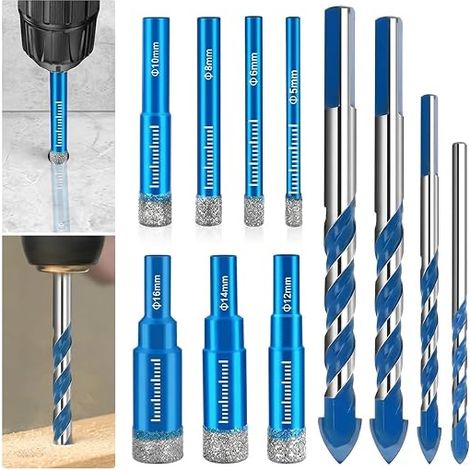 Lot de 12 forets : 7 forets diamantés soudés sous vide (5-16 mm) et 5 forets triangulaires en carbure de tungstène (6-12 mm) - Kit de forets pour carrelage en grès cérame, verre (1/5)