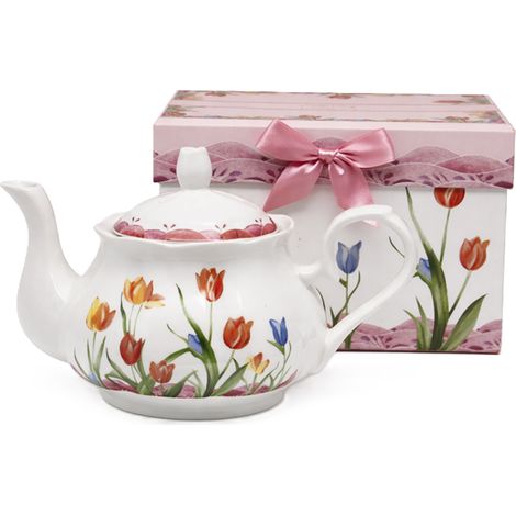 Teiera in porcellana da 1 litro con tulipani, confezione regalo (1/5)