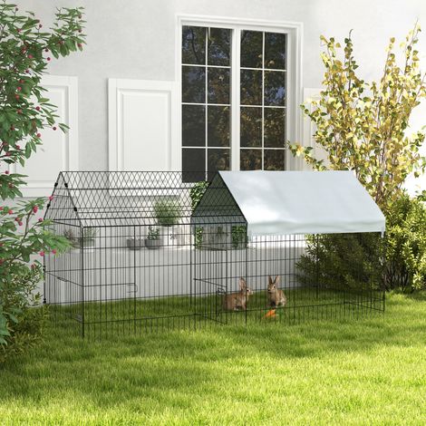 Cage extérieur intérieur pour lapin en forme de maison avec toit, 220x85x103cm, couleur argent (1/5)