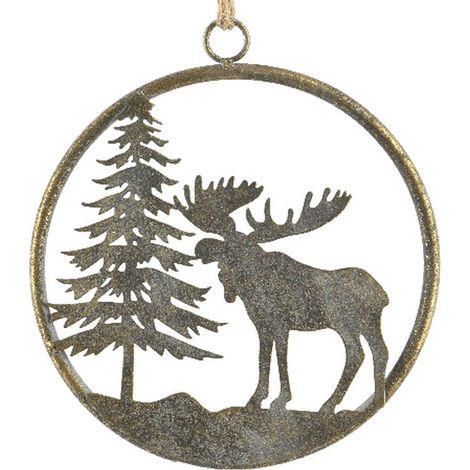 Weihnachts-Fensteranhänger Tanne & Elch Altgold- und Goldfarben klein Ø 20 cm - Metall