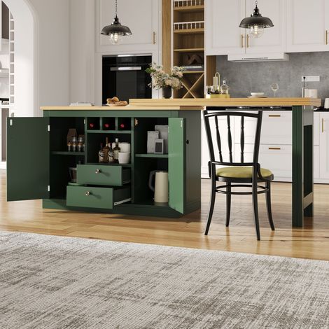 Table bar extensible design vert foncé, réglable de 120 à 180 cm, avec fonction pivotante 360° et rangement intégré, idéal salon, salle à manger, bureau à domicile. (1/5)