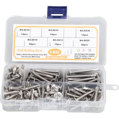 Lot de 100 vis autoperceuses tête ronde cruciforme, ensemble résistant à la corrosion et haute dureté, rondelles intégrées. (1/5)