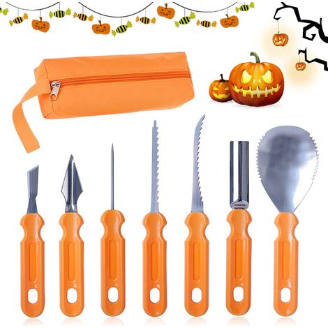 Halloween-Kürbisschnitzset, 7-teiliges Kürbisschnitzwerkzeug aus Edelstahl, Kürbisschnitzwerkzeug aus Edelstahl, Halloween-Kürbisschnitzwerkzeug für ausgehöhlte Kürbisse mit Aufbewahrungstasche (1/5)