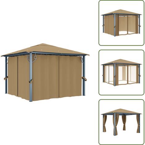 Tonnelle avec rideau 300x300 cm Taupe Aluminium - Abri Solaire - Tonnelle - Gazebo - Terrasse Couverte - Jardin (1/5)