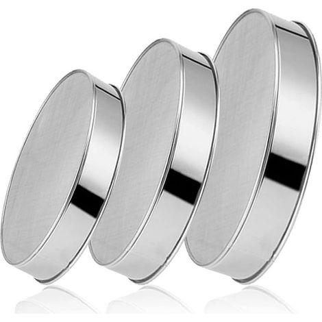 Ensemble de 3 tamis à poudre ronds en acier inoxydable à mailles fines (comprenant 6 pouces, 8 pouces, maille 40, 10 pouces, maille 60), couleur argent spécial pour la levure chimique et les gâteaux. (1/5)