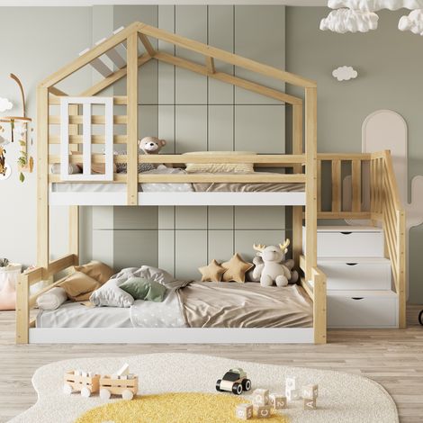 Lit Superposé 90x200cm + 140x200cm - Style Cabane avec Fenêtres - Rangements dans l'Escalier - Structure Pin Massif - Barrières de Sécurité - Capacité 120kg - Naturel