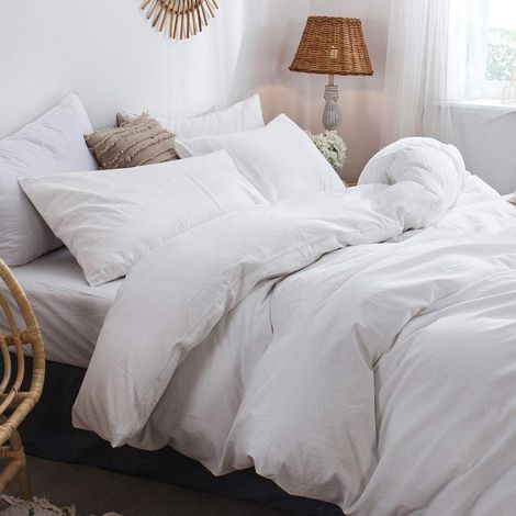 Parure de lit 3 pièces 180 x 200 cm en coton blanc doux, 100 % coton lavé, comprend 1 housse de couette 180 x 200 cm et 2 taies d'oreiller 80 x 80 cm avec fermeture éclair (1/5)