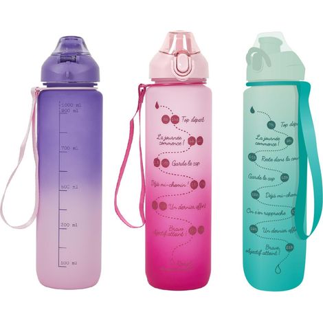 Lot de 3 Gourdes 1L Motivation Etanches et Graduées avec Sangle - Rose Bleu Violet - Livraison gratuite (1/5)