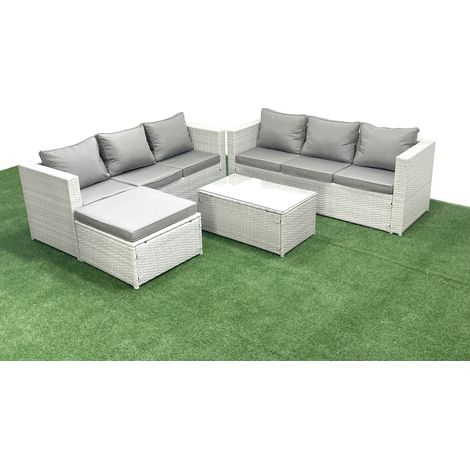 Fimous Garden Outdoor PE Rattan Furniture Set 7 Seater Rattan Garden Sofa Set with Big Footstool Light Grey Mixed (1/5)