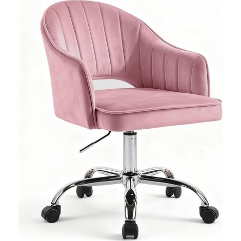 FIXIMASTER Chaise de Bureau et Coiffeuse en Velours, Pivotante à Roulettes, Hauteur Réglable, Ergonomique - Rose