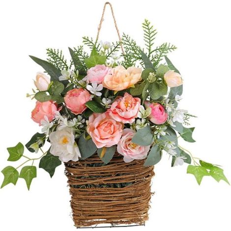 1 couronne hortensia suspendue, panier réutilisable en rotin, décoration porte/jardin, printemps-été (1/4)