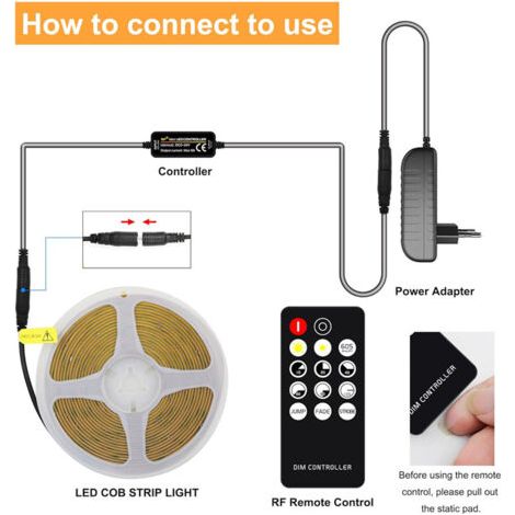 Ruban LED COB blanc chaud 3000K de 5 mètres – 24 V, dimmable, avec télécommande – largeur 8 mm – éclairage linéaire à 180°, idéal pour les maisons et les cuisines – IRC 92 (1/3)