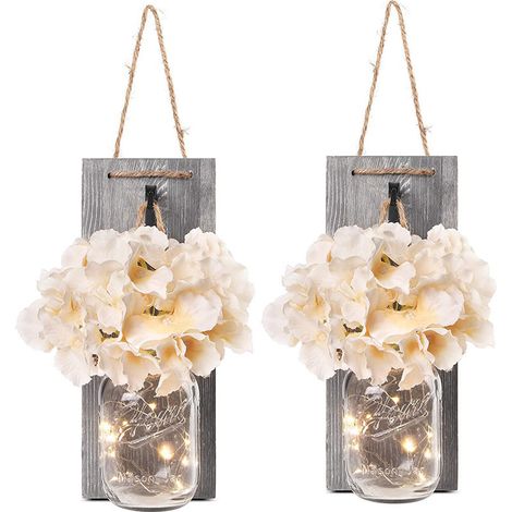 Décoration murale en pot Mason, applique murale rustique avec minuterie de 6h, lumière LED et fleurs, déco de ferme pour maison (lot de 2) (1/3)