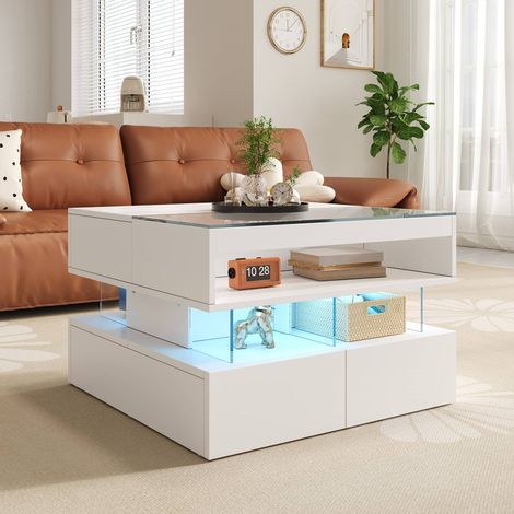Table basse relevable 70 x 67 x 45.5-57 cm, éclairage LED 16 couleurs, plateau verre et tiroirs, en panneaux de particules, salon, blanc (1/5)