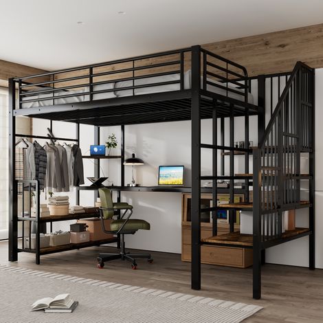 Cama alta 120x200 cm de hierro y MDF, con enchufe, negro OKMYHOME (1/5)