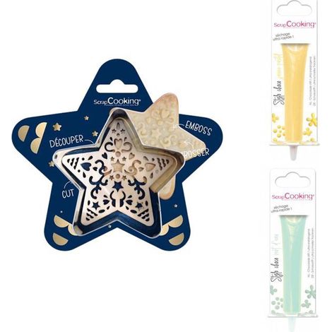 Kit pour biscuit en relief Étoile + 2 Stylos au chocolat jaune pastel et vert d'eau (1/2)