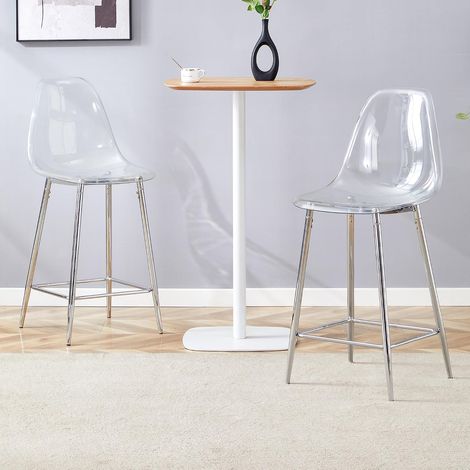 Lot de 2 tabourets de bar transparents, chaises hautes design avec structure métal argenté doré ou noir, tabourets modernes pour cuisine, bar ou salle à manger, sans table (1/5)