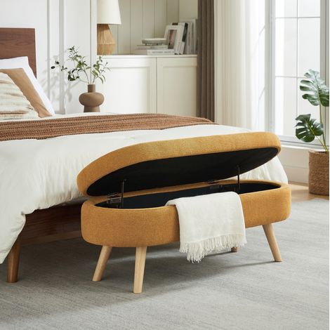 Banc de rangement 110 cm en chenille jaune avec coffre, MDF, à monter soi-même HAVRYA (1/5)