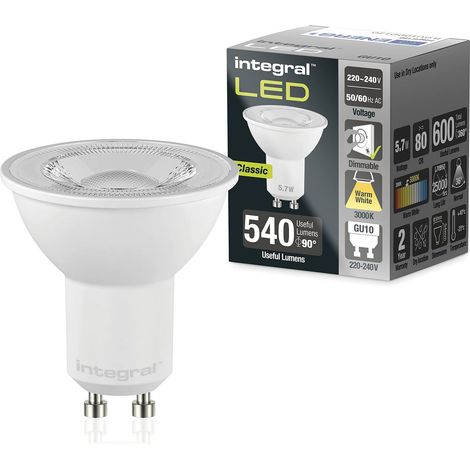 Integral LED Ampoule GU10 blanc chaud (3000K), 600lm, 5,7W (équivalent 75W), compatible variateur - Économe en énergie - Spots et encastrés (salle de bain, cuisine, espace de vie), lot de 5 (1/5)