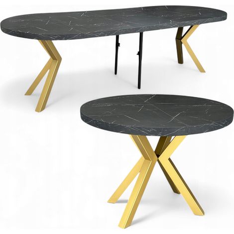 Großer runder Marmor-Esstisch Schwarz, ausziehbar (Ø110/310 cm) mit goldenen X-Metallbeinen (1/5)