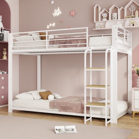 Lit superposé métal enfant, double avec échelle, étagère bois, barrière sécurité renforcée, blanc, 90x200 cm (1/5)