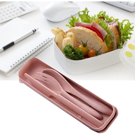 Ensemble de couverts en paille de blé rose, moderne et portable, comprenant une fourchette, une cuillère et un couteau, avec boîte. Idéal pour le bureau, l'école et les pique-niques. (1/5)