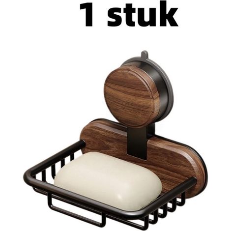 pièce - Porte-savon - Distributeur de savon à ventouse - Montage mural pour la salle de bain - Aucun perçage nécessaire - Étagère - Boîte de rangement pour salle de bain - 13,5 cm 9,5 cm 5 cm - Brun (1/5)