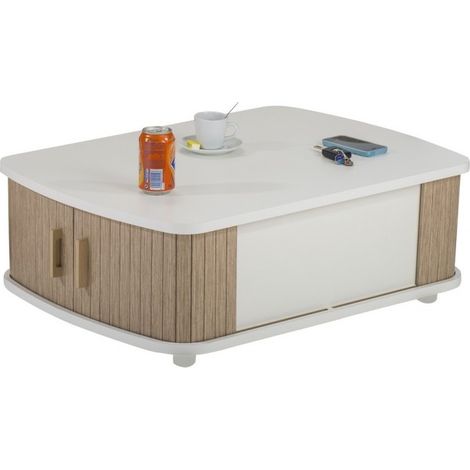Table basse blanche à rideaux chêne naturel et blanc Lohan (1/2)