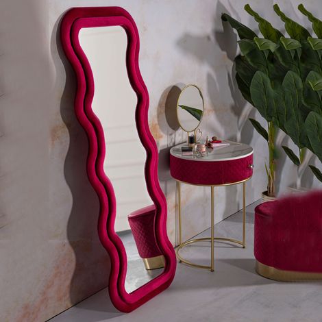 Espejo Allen, Marco Ondulado Efecto Terciopelo, Forma Rectangular, Para Pared, 60x160h cm Rosa (1/5)