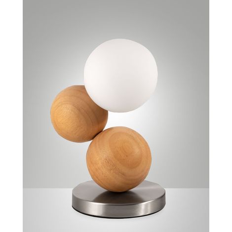 Lampada da Tavolo Micky 23cm in Metallo, Legno e Vetro Soffiato, Colore Quercia, Regolazione Luce al Tocco, Sorgente G9 20W inclusa - Micky