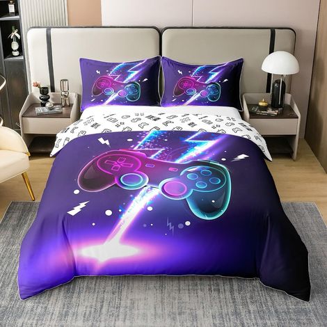 Gamer Housse De Couette Gaming Parure De Lit Housse Couette 140x200cm 100% Coton pour Enfants Chambre Jeu Vidéo Flash Décor Ensembles Contrôleur Jeu - 140 x 200 cm + 1 taie d'oreiller 65 x 65 cm (1/5)