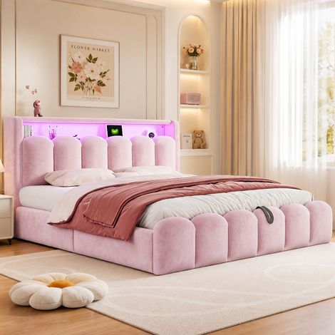 Lit coffre relevable 180x200 cm avec LED, USB et USB-C, velours rose OKMYHOME (1/5)