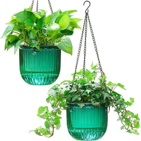 Set mit 2 selbstbewässernden Blumentöpfen für den Innen- und Außenbereich, 16,5 cm, Hängekorb mit 3 Haken und Abflusslöchern für Garten und Zuhause (Smaragdgrün) (1/5)