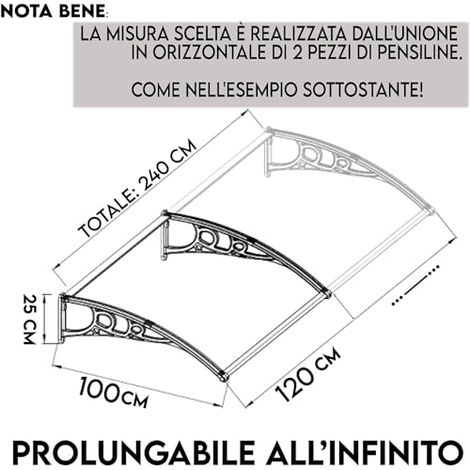 Pensilina Tettoia in Policarbonato Trasparente e Satinato con Braccetti Rinforzati Trasparente 240x100