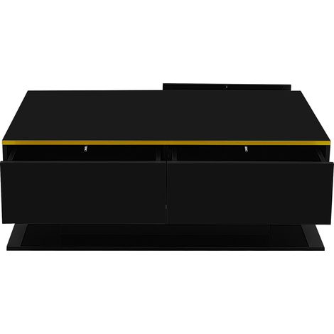 Table basse moderne noire brillant avec LED multicolores, 100 x 50 x 40 cm, 3 tiroirs et décor doré (1/5)