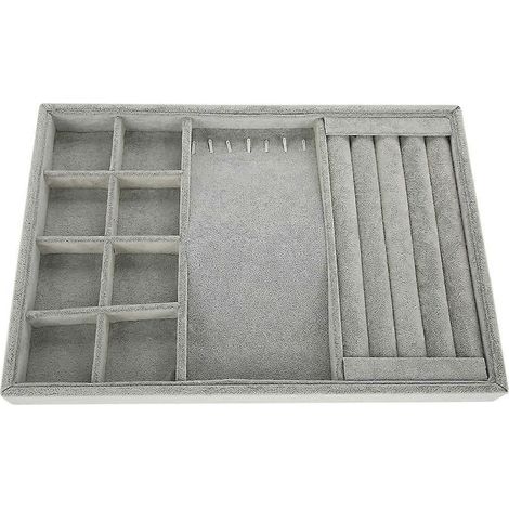 Plateau de présentation pour bagues, boucles d'oreilles et colliers, en velours gris clair (2 couleurs). (1/5)