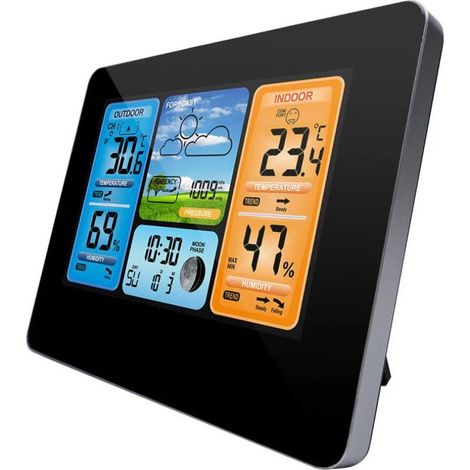 Station météo sans fil, horloge numérique colorée avec capteur extérieur, thermomètre intérieur/extérieur, date, température, humidité, baromètre, alarme, phases de la lune. (1/3)