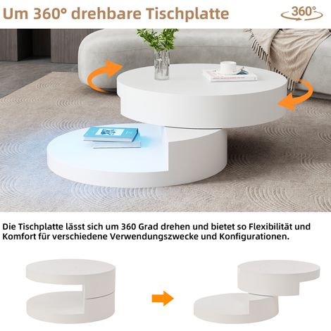 Table basse 70x70x35,5 cm, plateau supérieur pivotant à 360°, table de salon cylindrique en MDF avec bande LED, design 2 niveaux, charge max 30 kg, blanc (1/5)