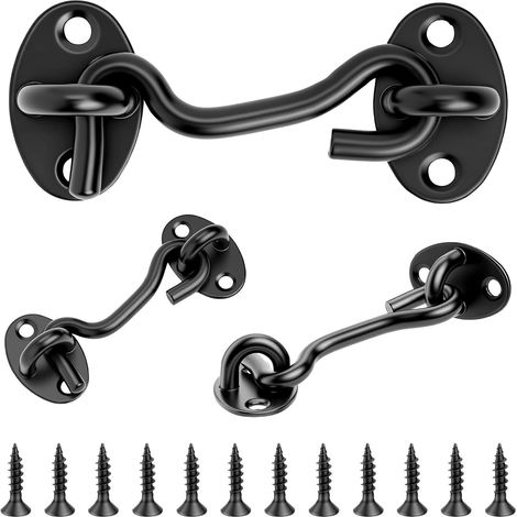 Lot de 3 paires de crochets tempête avec œillet - 75 mm - Noir - En acier inoxydable - Pour porte de jardin - Crochet de cabine - Crochet de fenêtre - Verrou de porte pour porte de garage (1/5)