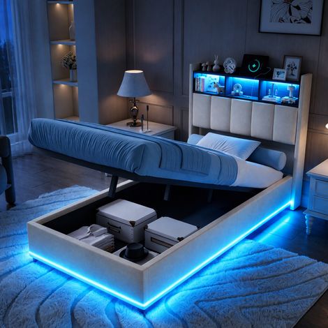 JOOKGBD-Polsterbett 90x200cm mit LED und USB,Einzelbett mit Stauraum-Kopfteil,Jugendbett mit Offene Fächer und Lattenrost,für Erwachsene,Jugendliche,Ohne Matratze,Samt,Weiß (1/5)
