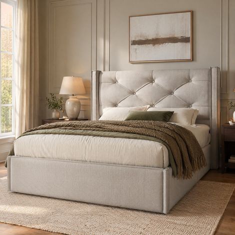 Cama con canapé abatible 90x200 cm tapizada, estructura metálica, gris claro DESVIAE (1/5)