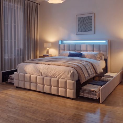 Lit avec 4 tiroirs 140x200 cm, Lit double adulte avec RGB LED, tête de lit avec rangement, lit capitonné lin, style moderne, Beige (1/5)