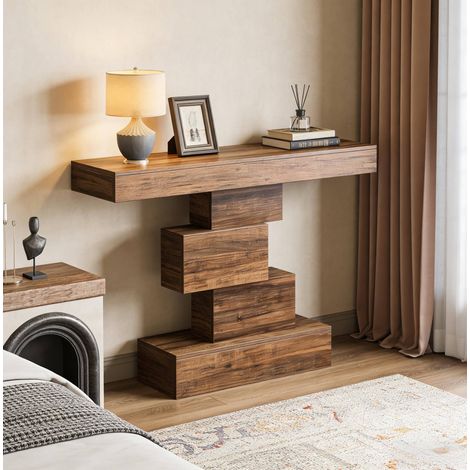 Mesa consola 108x30x80 cm marrón oscuro de madera con diseño geométrico escalonado (1/5)
