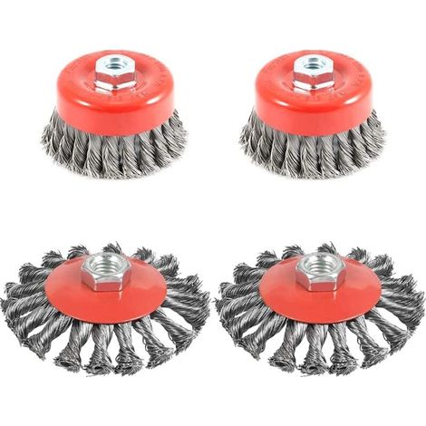 Set di 4 spazzole metalliche per la pulizia, spazzole coniche per smerigliatrice angolare, spazzole abrasive in acciaio ritorto, diametro 75 mm e 100 mm, M14