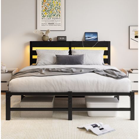 Struttura letto matrimoniale 140x200 cm, illuminazione LED RGB, 2 porte USB, spazio sottoletto, metallo e legno nero (1/5)