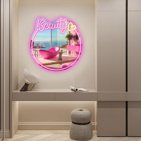 Enseigne Néon Miroir Beauté : Art mural néon en forme de cœur, miroir lumineux LED rose — Décoration idéale pour chambres de filles, chambres à coucher, mariages et fêtes d'anniversaire. (1/5)