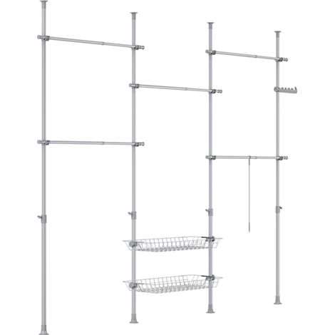SoBuy Telescopic Clothes Rail – Adjustable Open Wardrobe with Rods and Shelves, Coat Rack for Bedroom or Dressing Room, Grey, KLS04-II-HG