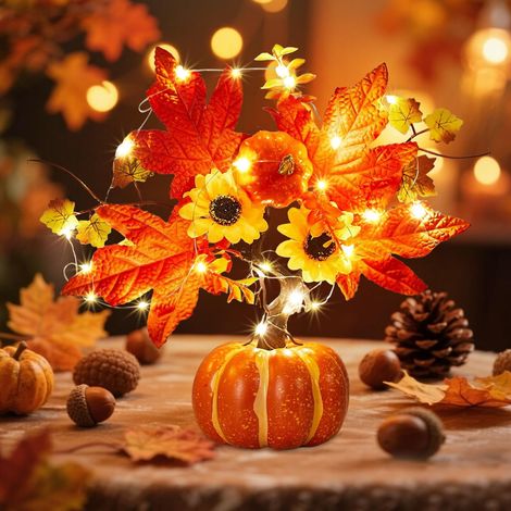 Décoration d'automne - Citrouille - Avec guirlande lumineuse LED - 20 LED - Décoration d'automne - Feuilles d'érable artificielles de 35 cm - Pour Thanksgiving, Halloween, automne - Décoration (1/5)