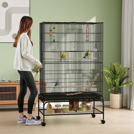 Cage oiseau noire avec plateau amovible, jouets et perchoirs inclus (1/4)