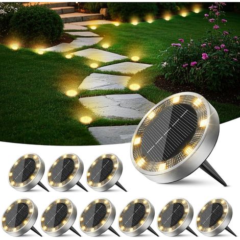 Lampe Solaire Au Sol Jardin Lot de 10, Lumiere Solaire Exterieur 8 LED, Étanche Spot Solaire Extérieur, Eclairage Solar pour Terrasse Allée Chemins Pelouse Cour Outdoor Garden, Blanc Chaud (1/5)